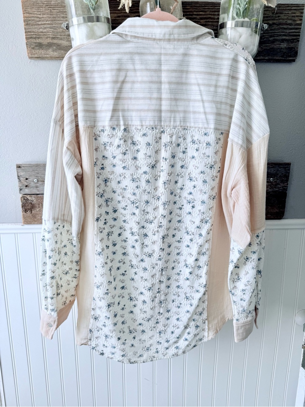 Patchwork Button-Down Shirt in Soft Pink and Cream - Picture 6 of 6